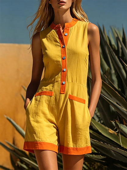 Patchwork Jumpsuit with Stand-up Collar, Sleeveless, Loose-Fit Vacation-Style Shorts