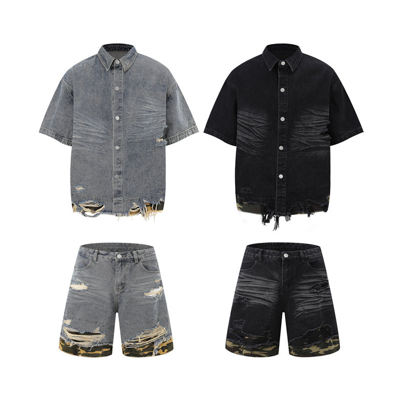 Patchwork leopard print denim short-sleeved shirt and shorts