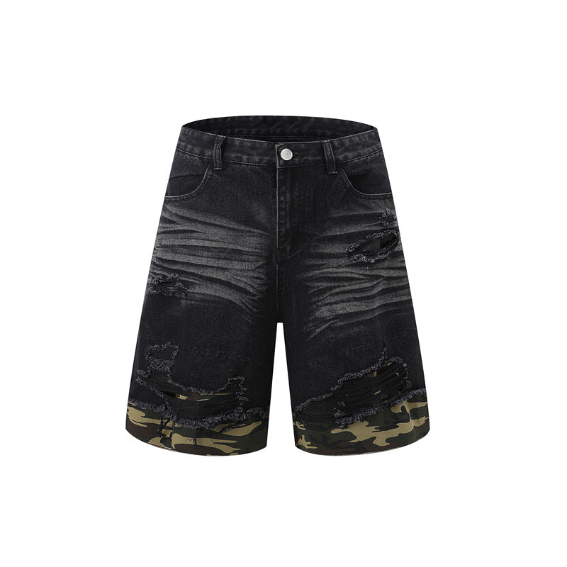 Patchwork leopard print denim short-sleeved shirt and shorts
