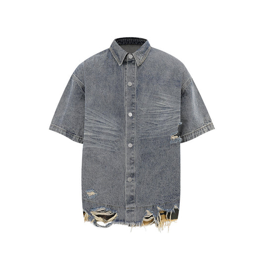 Patchwork leopard print denim short-sleeved shirt and shorts