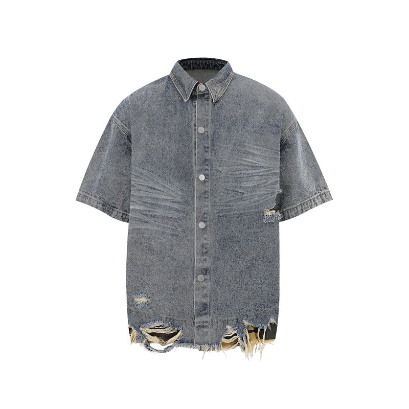 Patchwork leopard print denim short-sleeved shirt and shorts