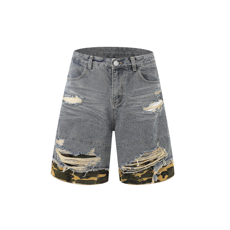 Patchwork leopard print denim short-sleeved shirt and shorts