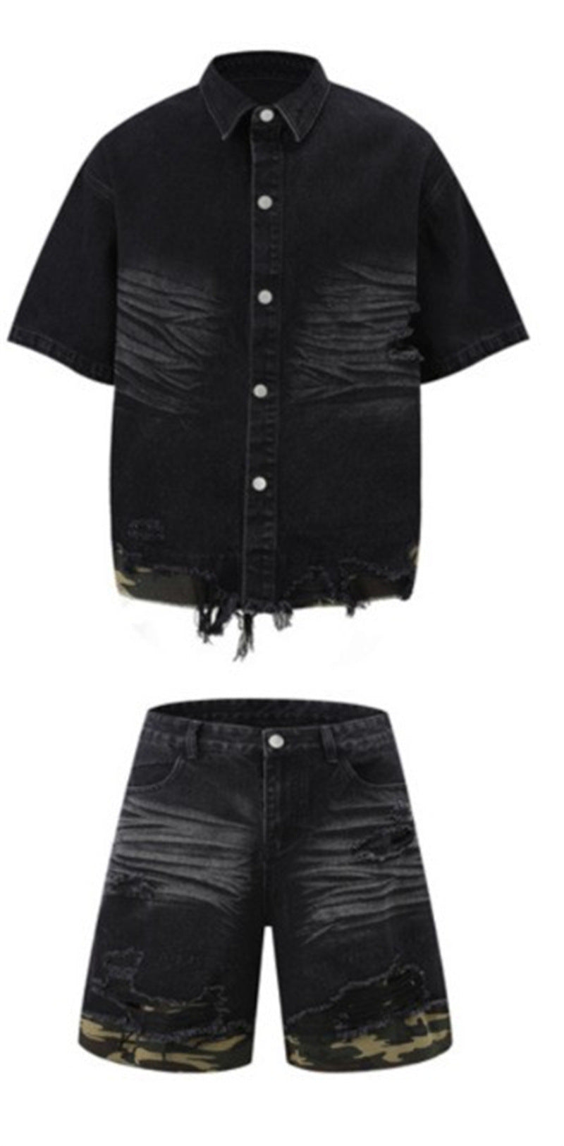 Patchwork leopard print denim short-sleeved shirt and shorts