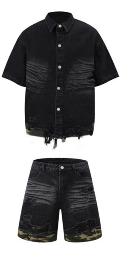 Patchwork leopard print denim short-sleeved shirt and shorts