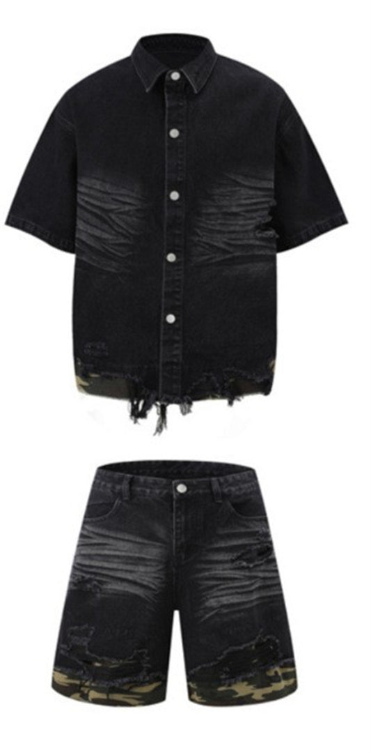 Patchwork leopard print denim short-sleeved shirt and shorts