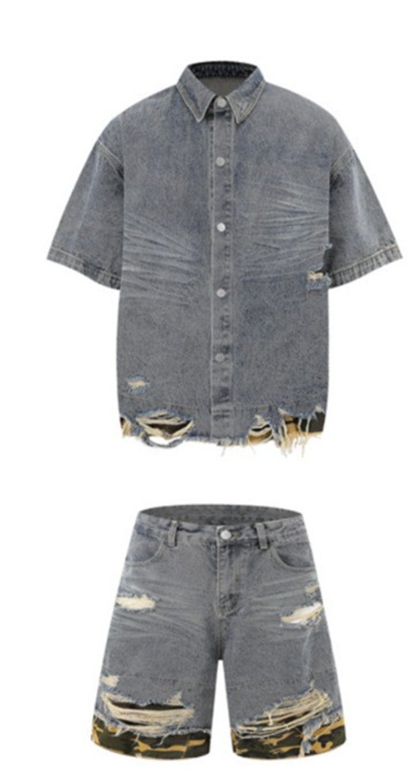 Patchwork leopard print denim short-sleeved shirt and shorts
