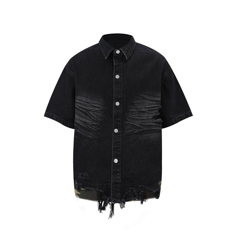 Patchwork leopard print denim short-sleeved shirt and shorts