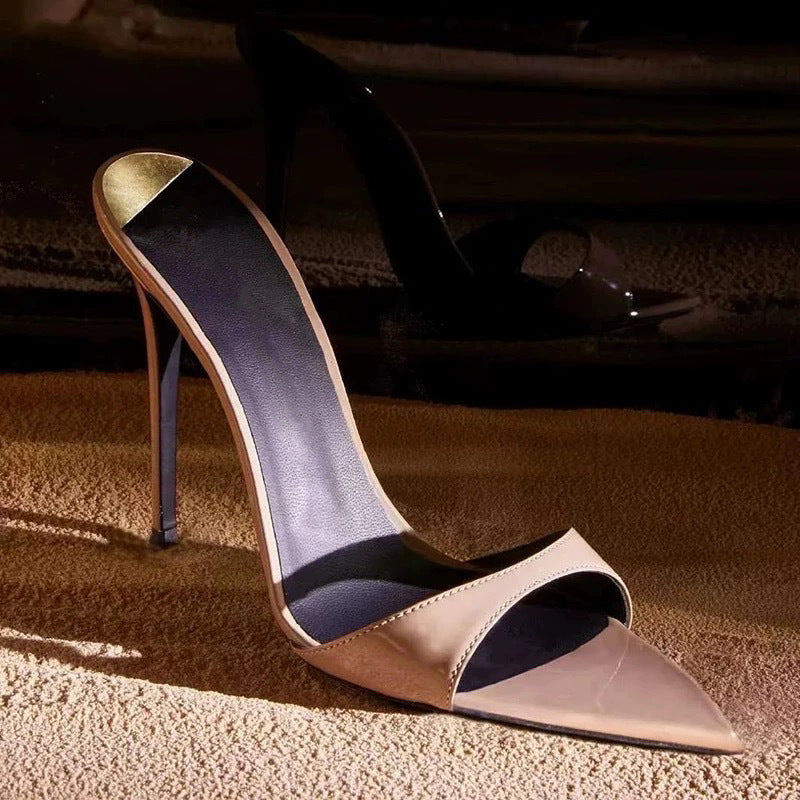 Patent leather fish-mouth flip-flops, simple open-toe sandals, women's thin heels