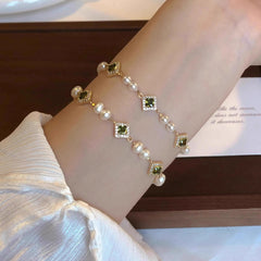 Shijia pearl three green square bracelet