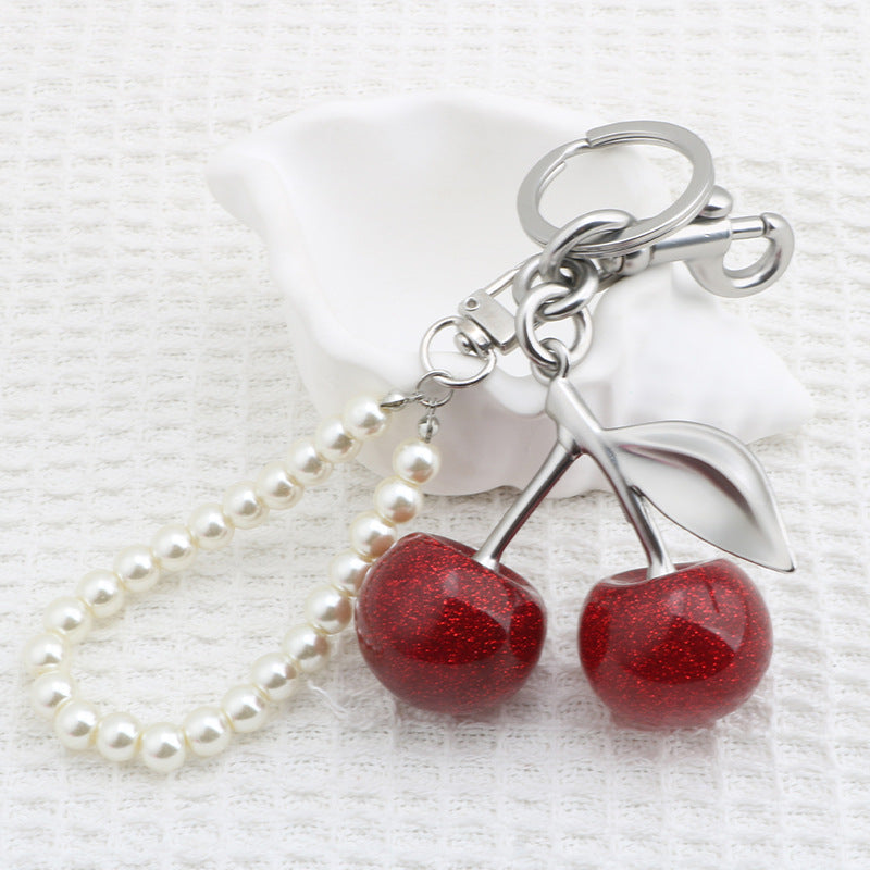 Pearl chain cherry keychain