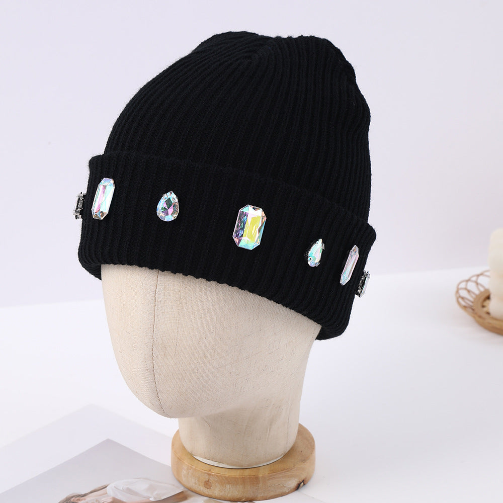 Pearl chain rhinestone woolen hat
