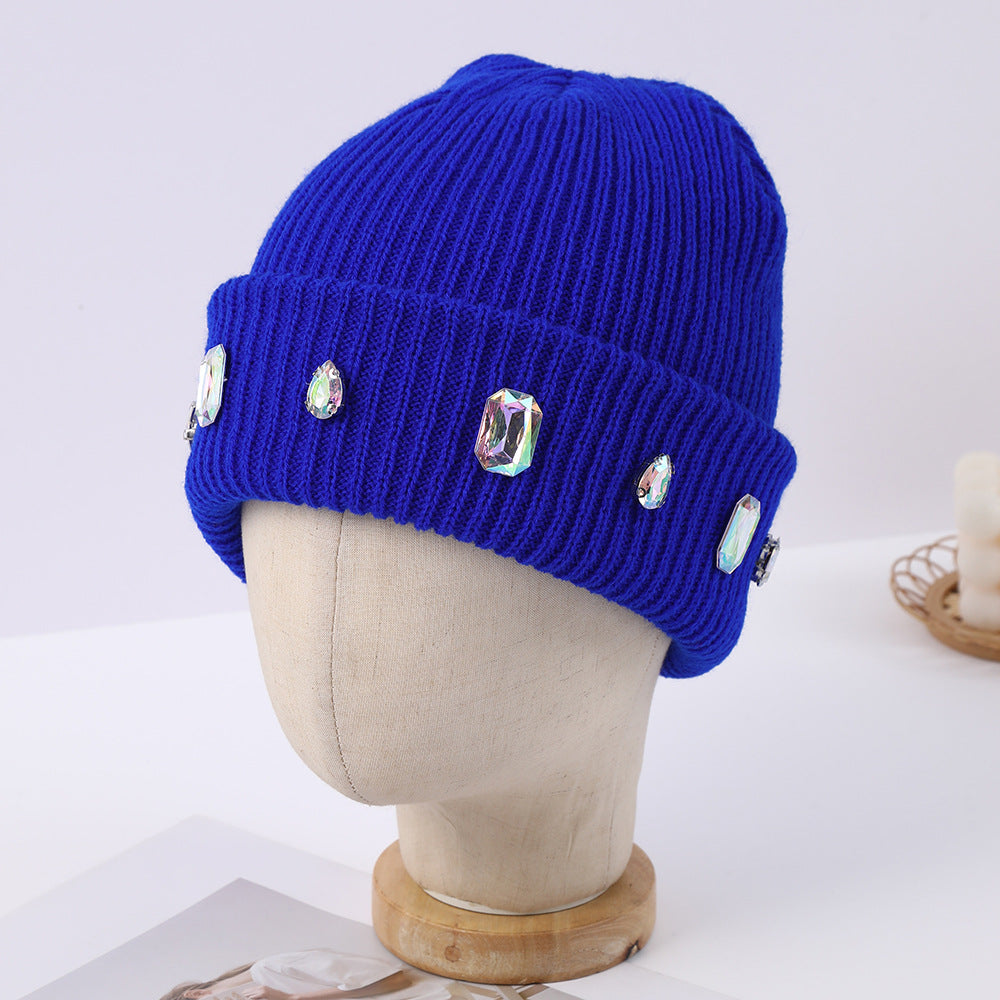 Pearl chain rhinestone woolen hat