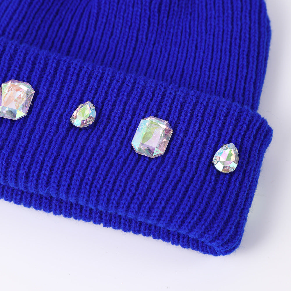 Pearl chain rhinestone woolen hat