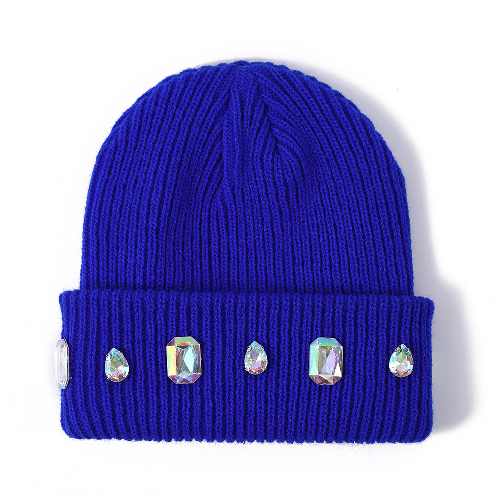 Pearl chain rhinestone woolen hat