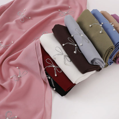 pearl chiffon bow rhinestone nail beads long scarf