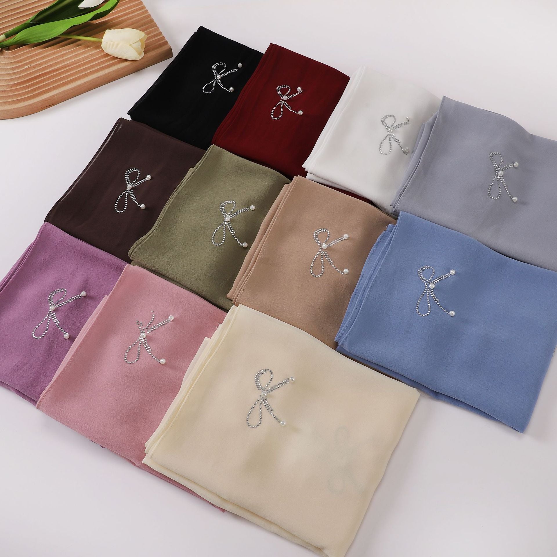 pearl chiffon bow rhinestone nail beads long scarf