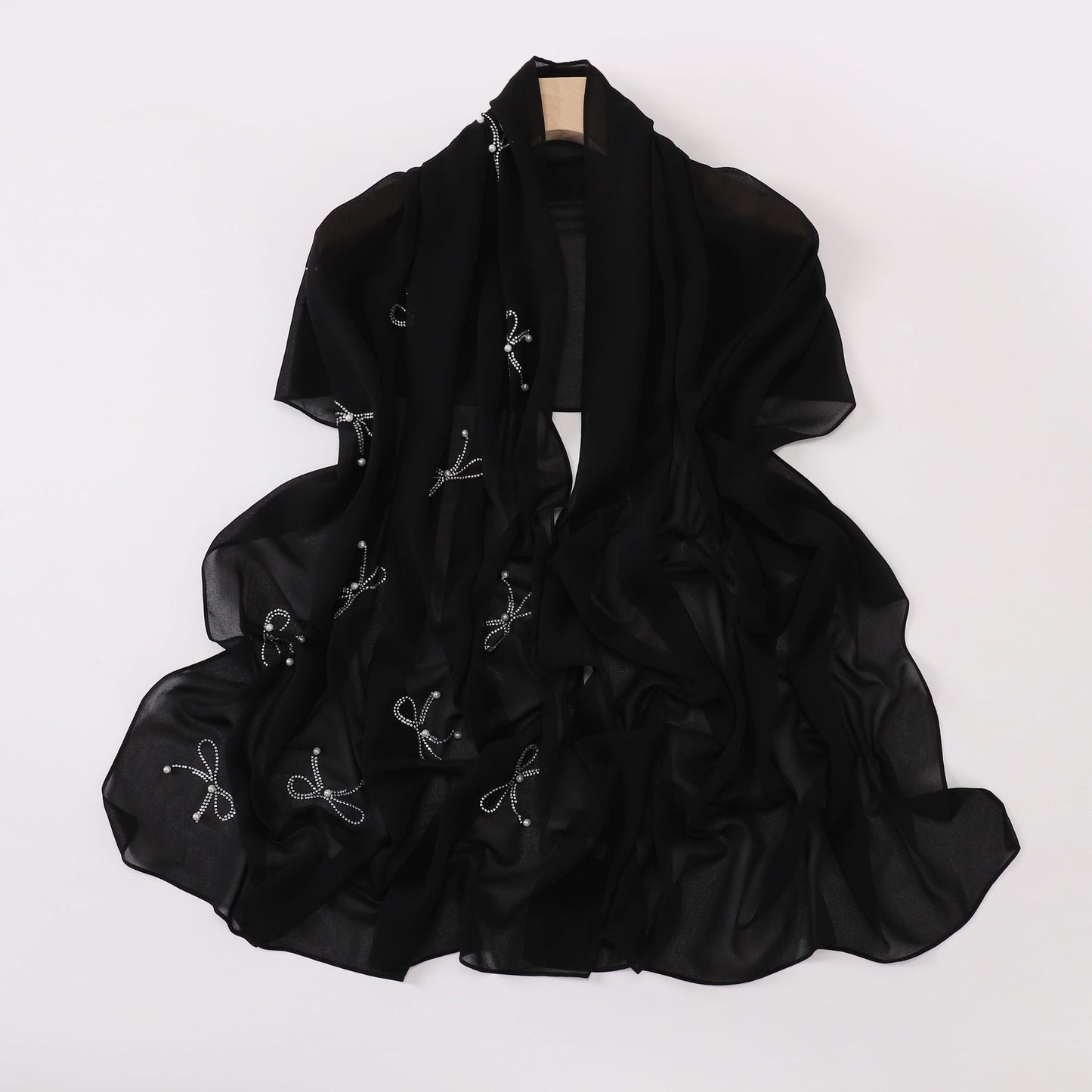 pearl chiffon bow rhinestone nail beads long scarf