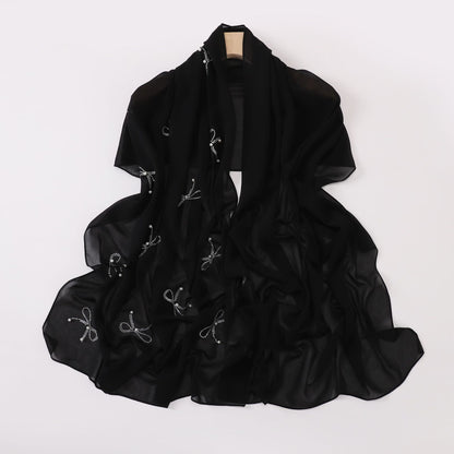 pearl chiffon bow rhinestone nail beads long scarf