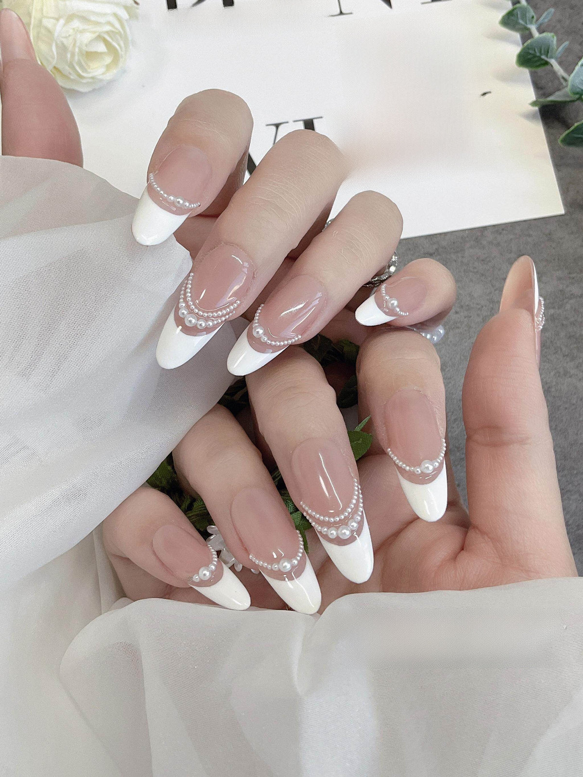 Pearl French Style Handmade Wearable Nails