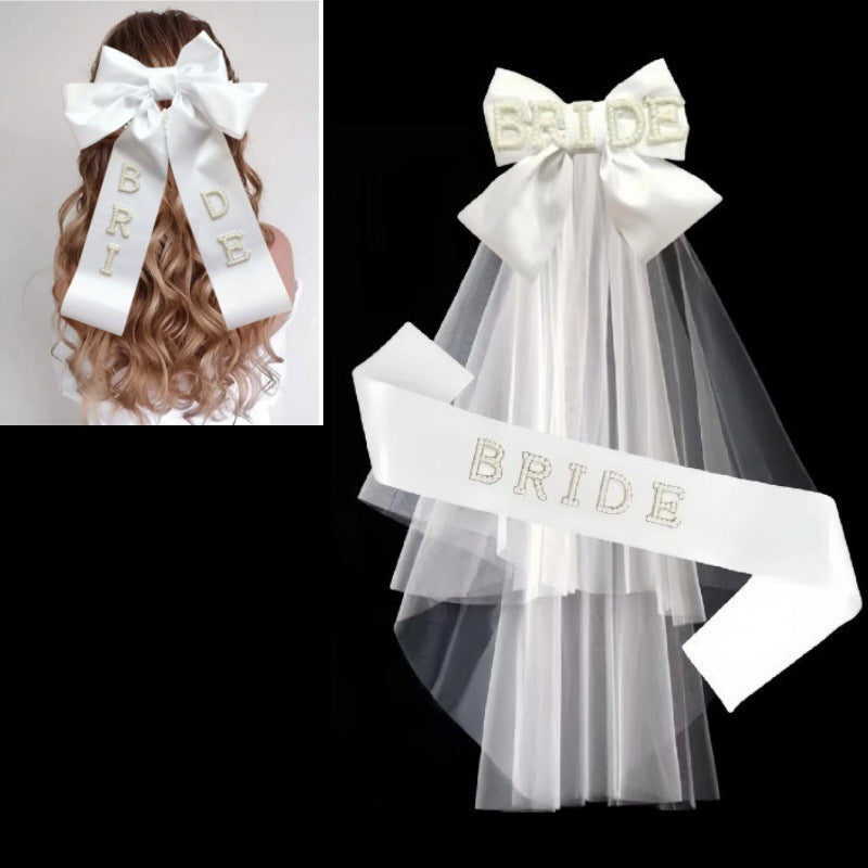Pearl hairband, veil, shoulder strap, pearl bow tie