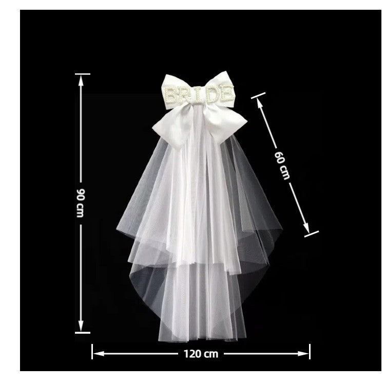Pearl hairband, veil, shoulder strap, pearl bow tie