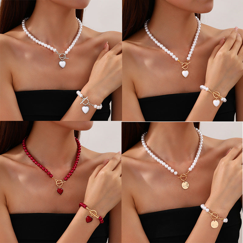 Pearl Heart Pendant Necklace and Bracelet Set