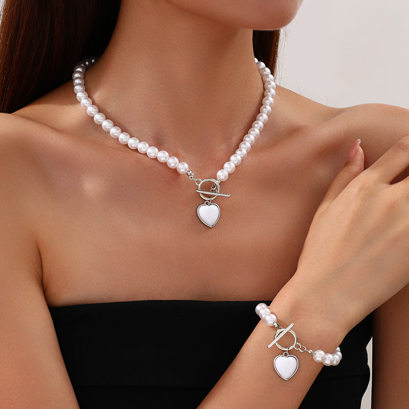 Pearl Heart Pendant Necklace and Bracelet Set