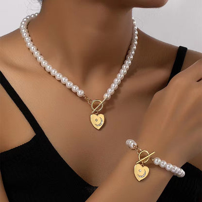 Pearl Heart Pendant Necklace and Bracelet Set