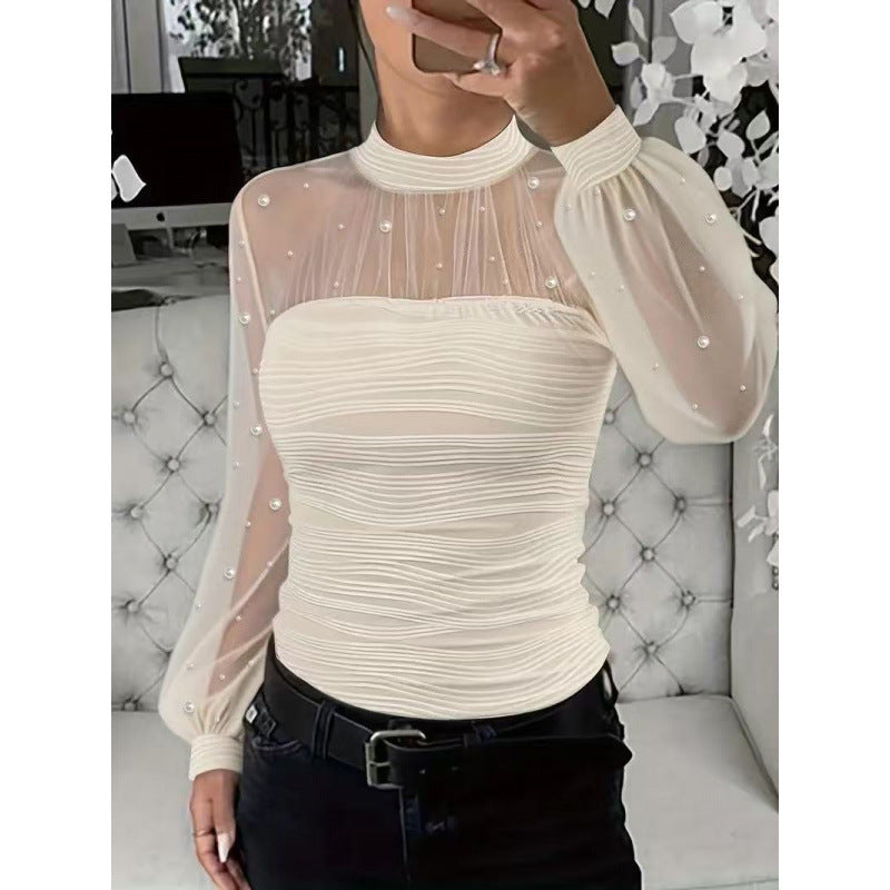 Pearl Mesh Splicing Long Sleeve Shirt