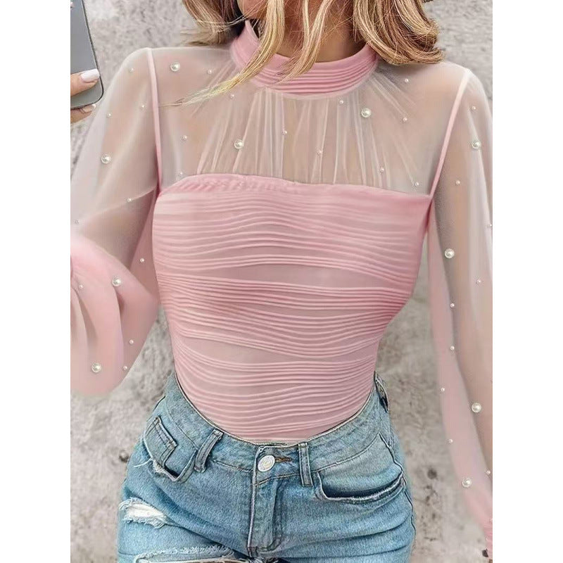 Pearl Mesh Splicing Long Sleeve Shirt