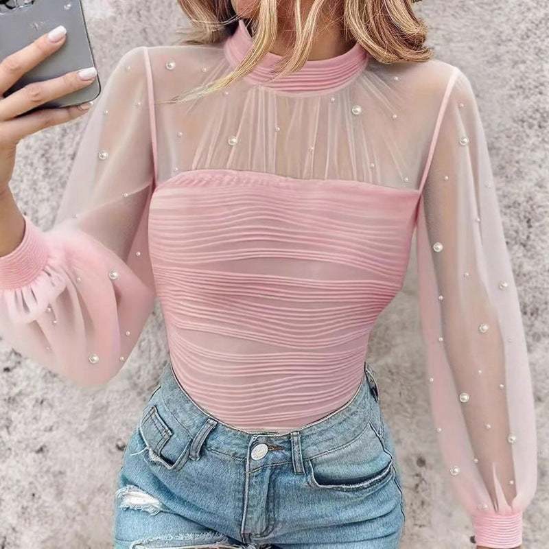 Pearl Mesh Splicing Long Sleeve Shirt