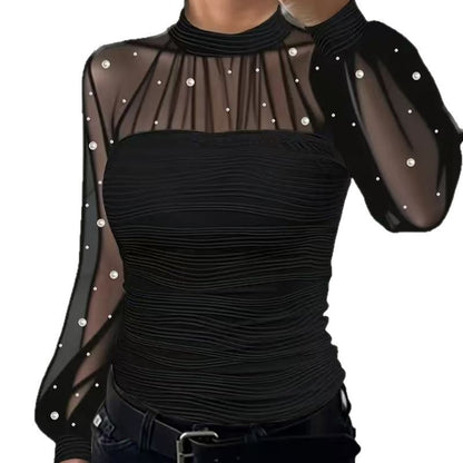 Pearl Mesh Splicing Long Sleeve Shirt
