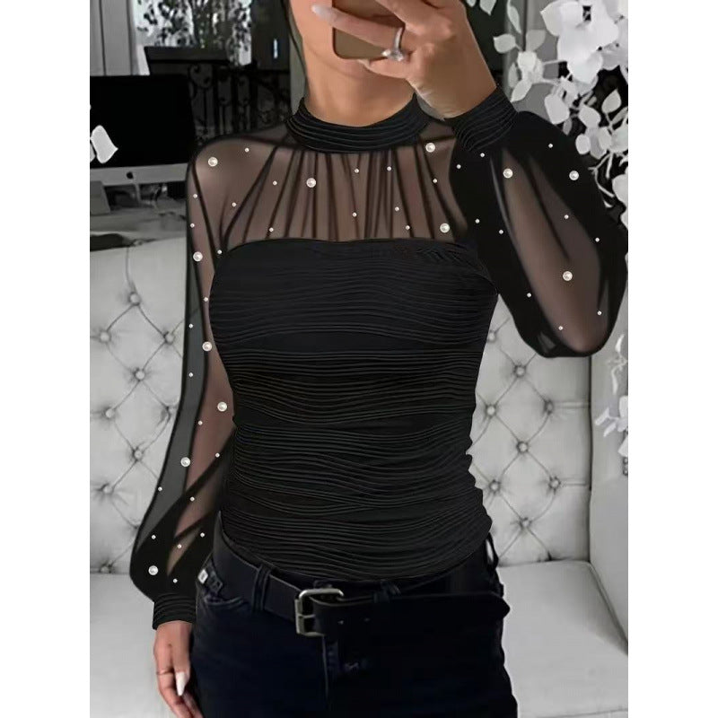Pearl Mesh Splicing Long Sleeve Shirt