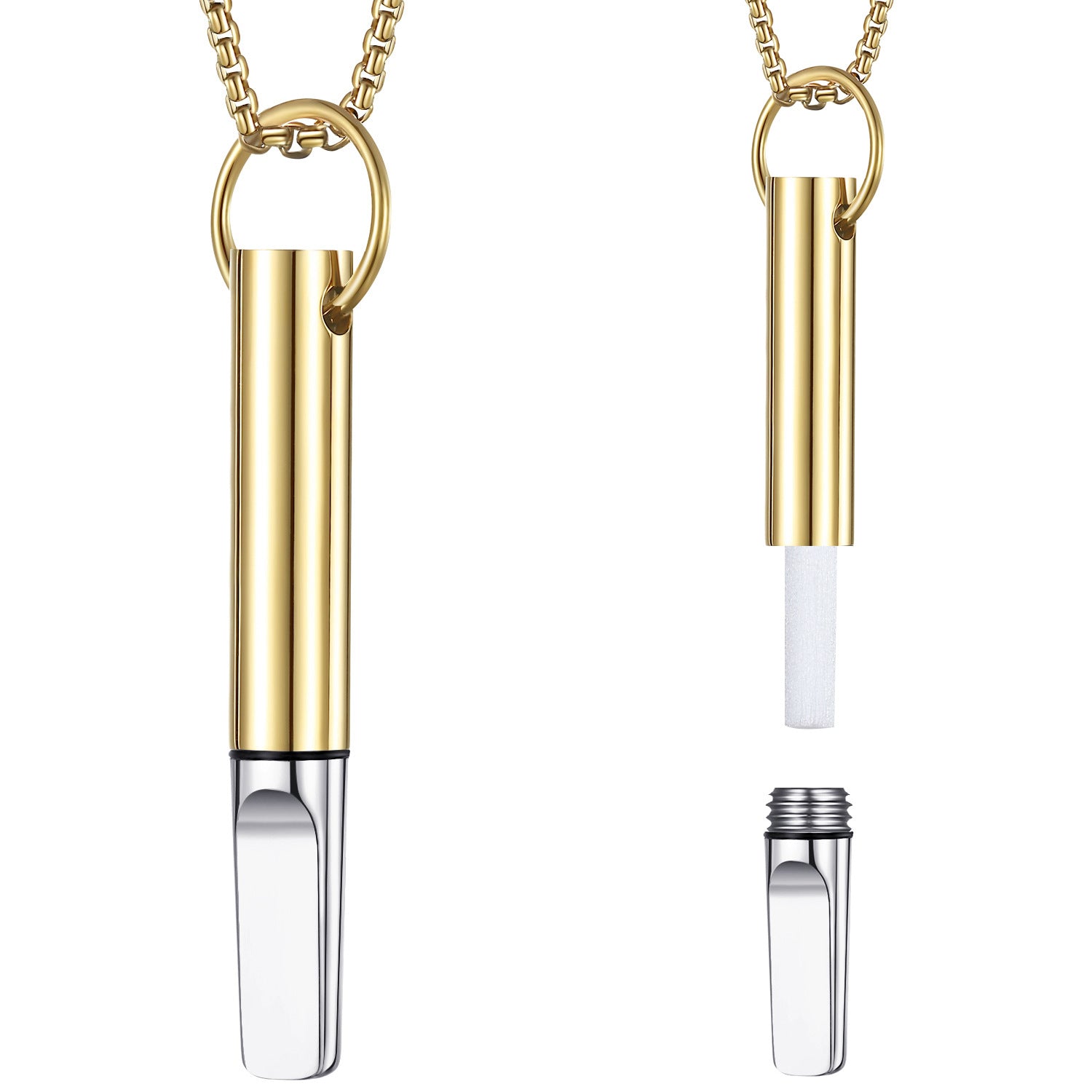 Pendant necklace with titanium and steel whistle