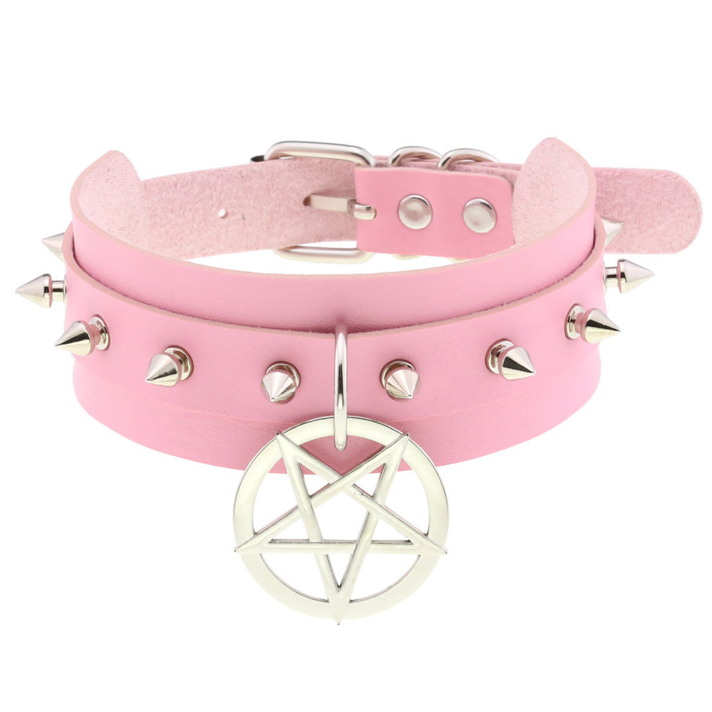 Personality PU Leather Spike Rivet Collar with Double-Layer Five-Pointed Star Pendant