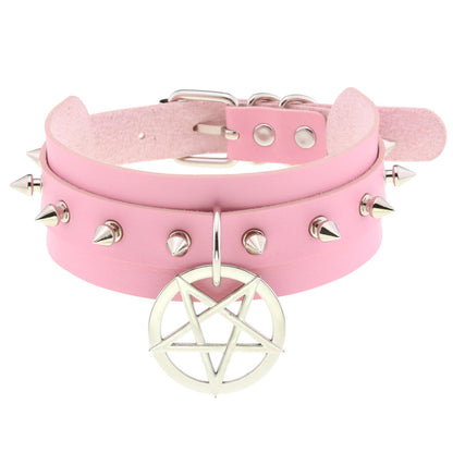 Personality PU Leather Spike Rivet Collar with Double-Layer Five-Pointed Star Pendant