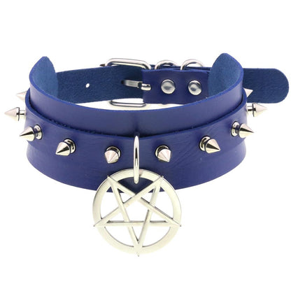 Personality PU Leather Spike Rivet Collar with Double-Layer Five-Pointed Star Pendant