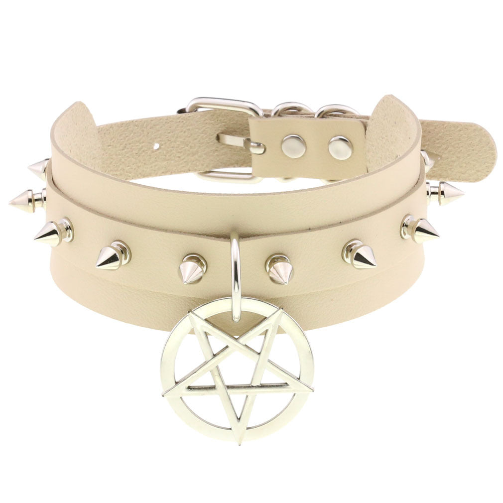Personality PU Leather Spike Rivet Collar with Double-Layer Five-Pointed Star Pendant