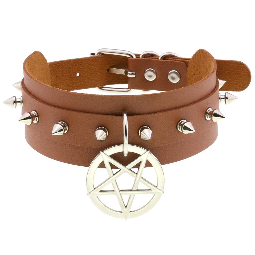Personality PU Leather Spike Rivet Collar with Double-Layer Five-Pointed Star Pendant