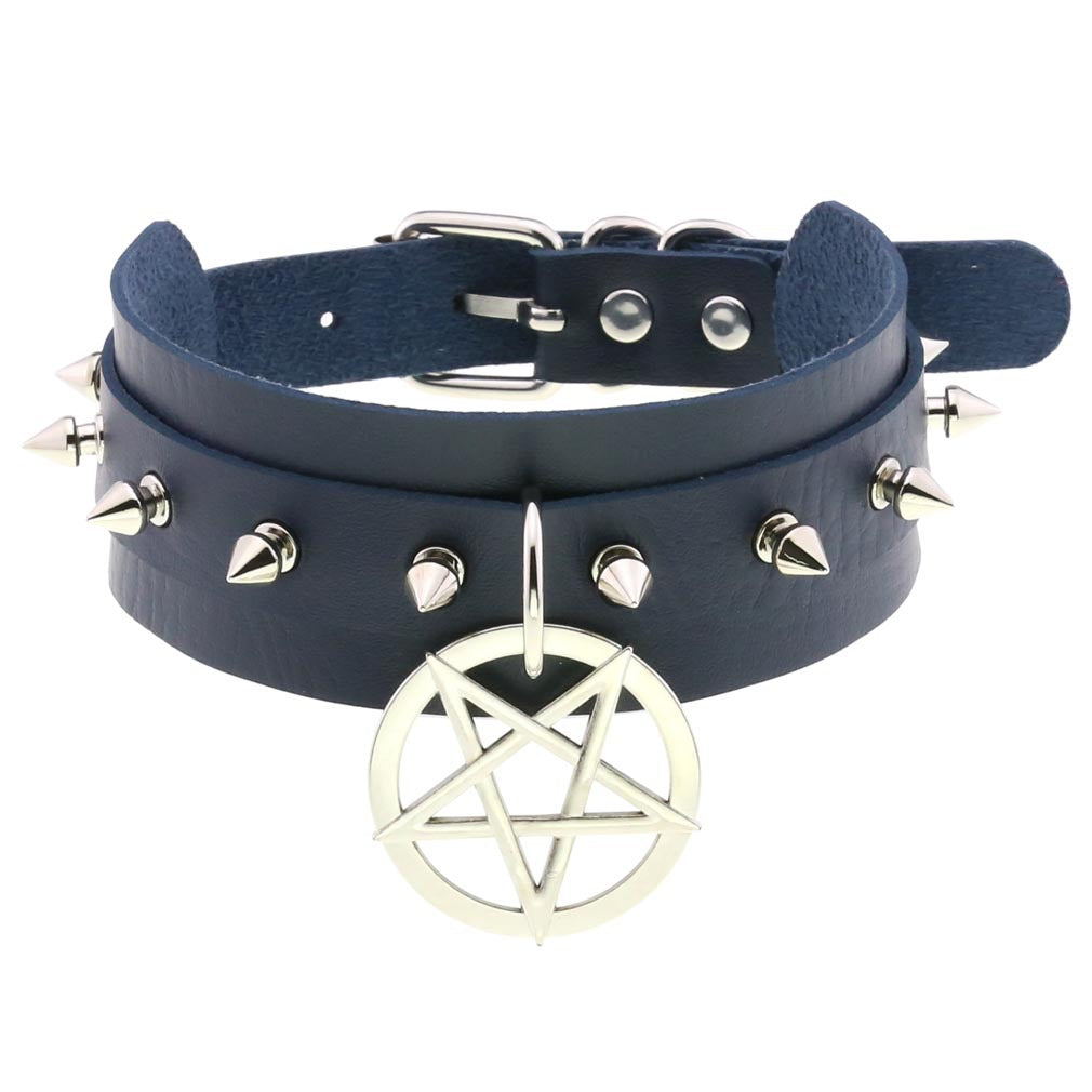 Personality PU Leather Spike Rivet Collar with Double-Layer Five-Pointed Star Pendant