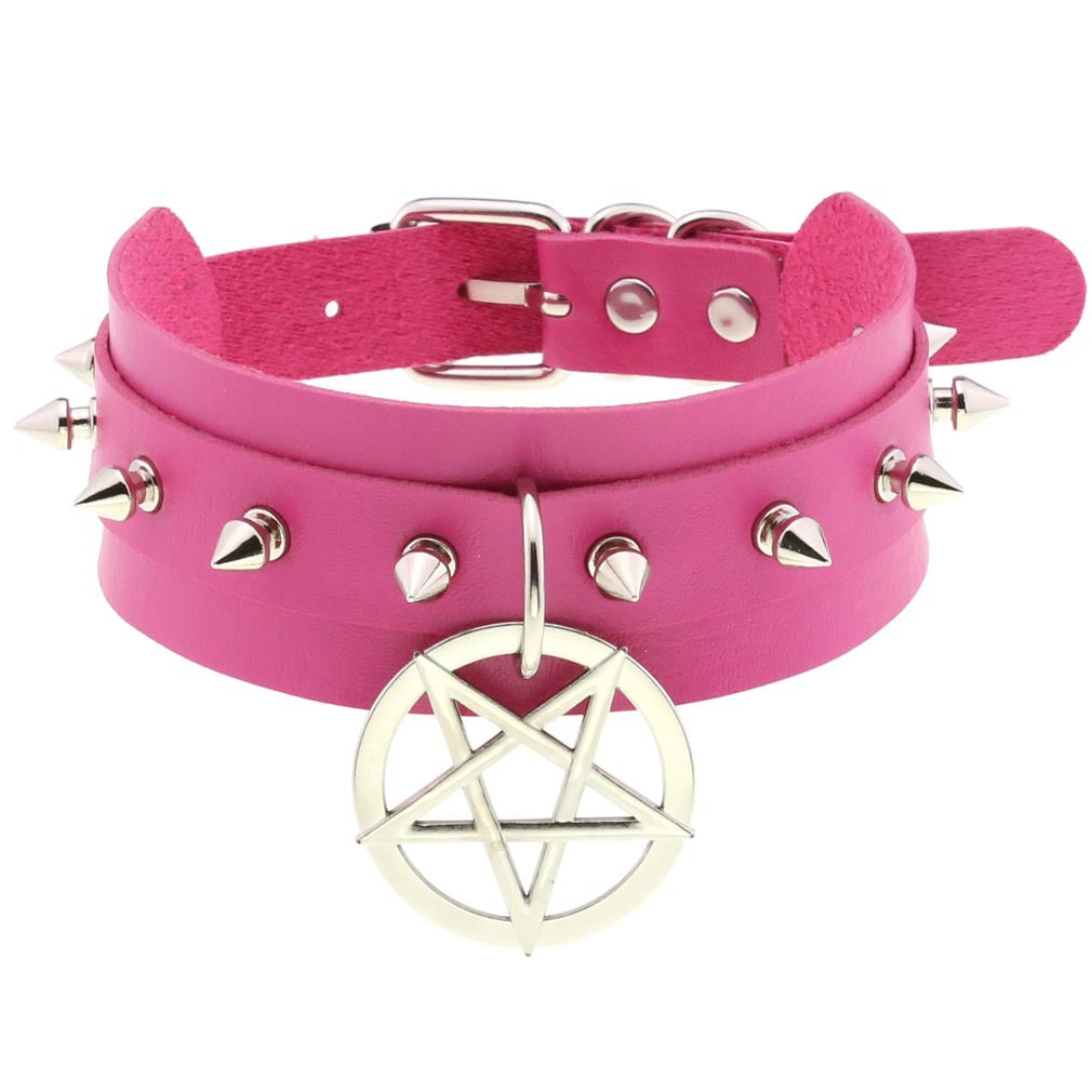 Personality PU Leather Spike Rivet Collar with Double-Layer Five-Pointed Star Pendant