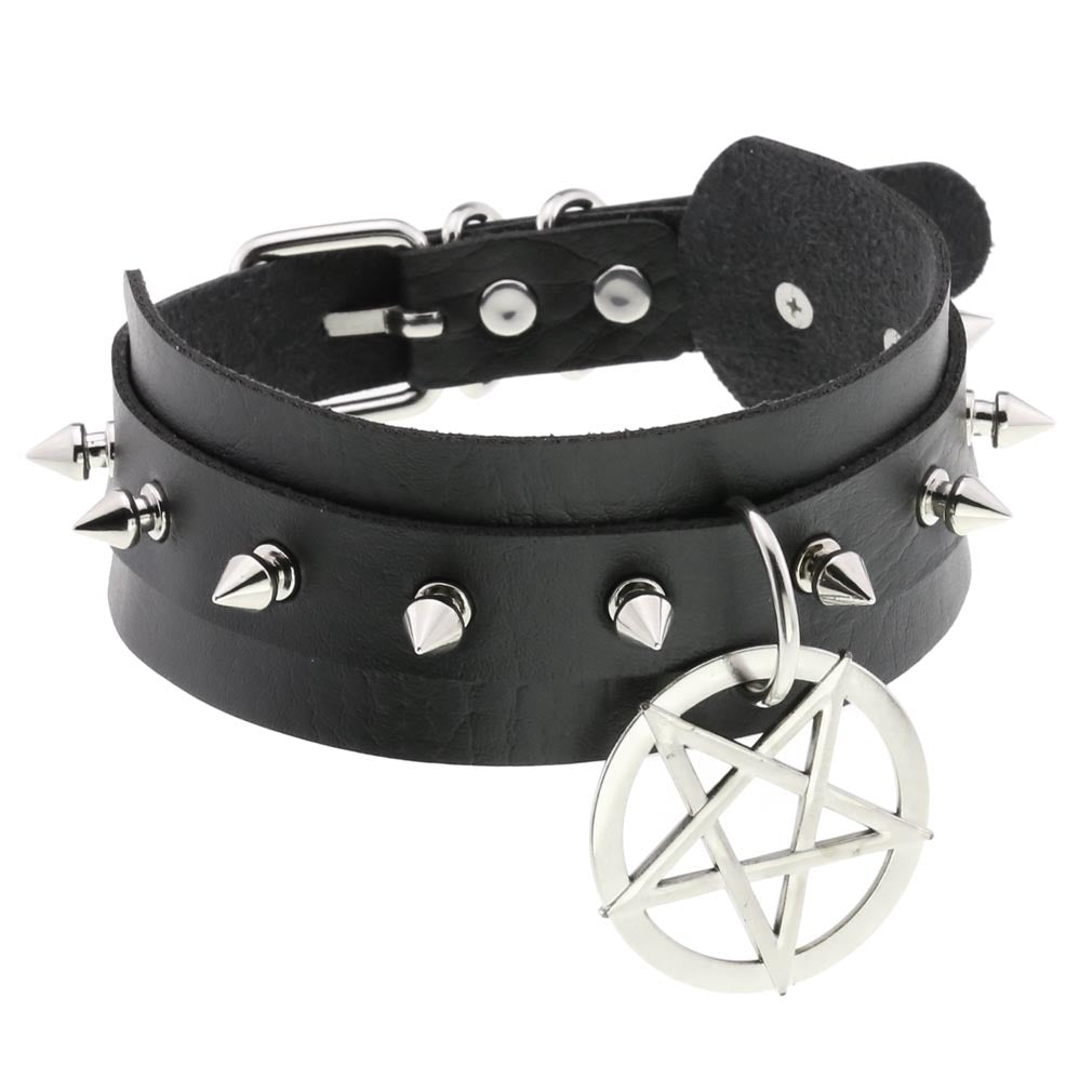 Personality PU Leather Spike Rivet Collar with Double-Layer Five-Pointed Star Pendant