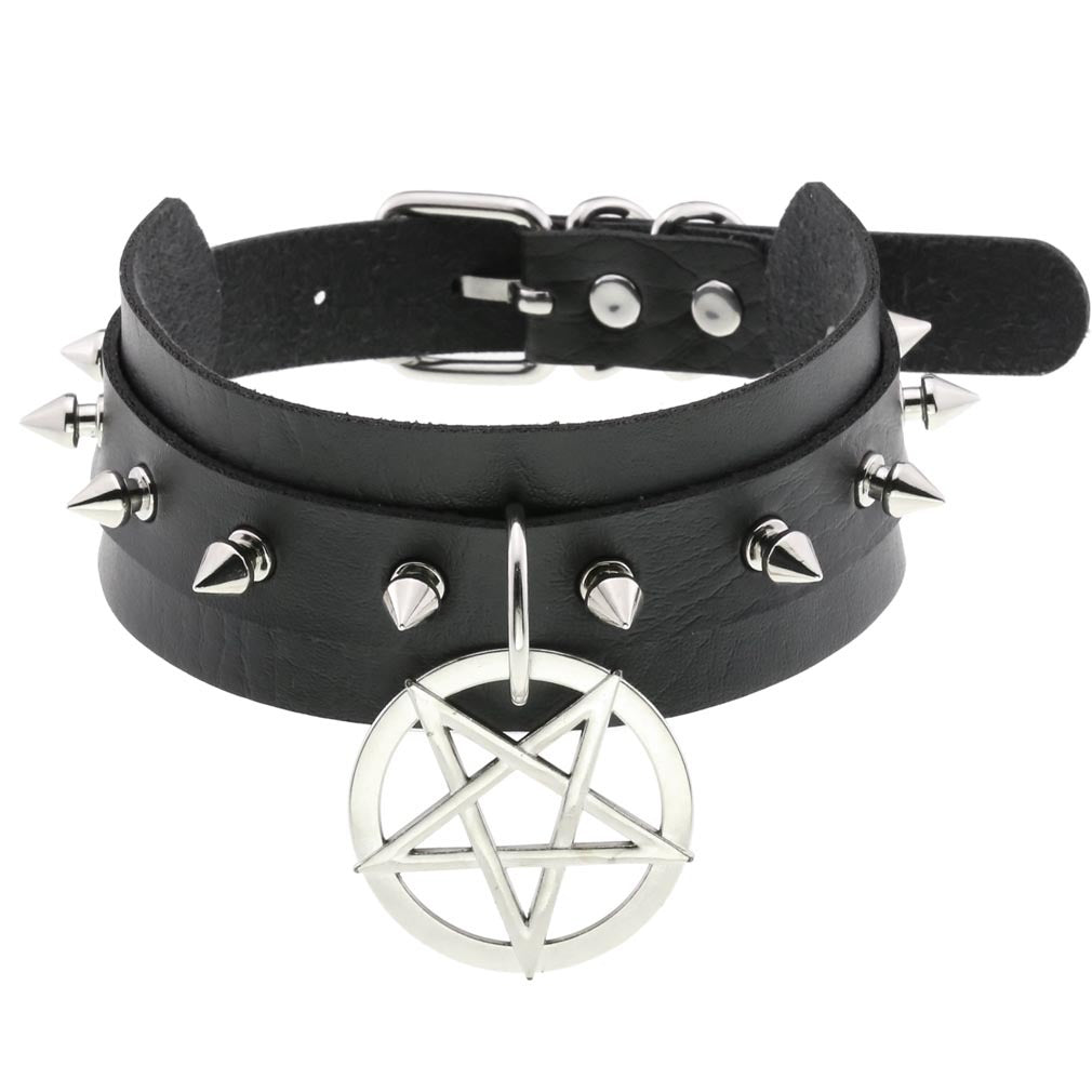 Personality PU Leather Spike Rivet Collar with Double-Layer Five-Pointed Star Pendant