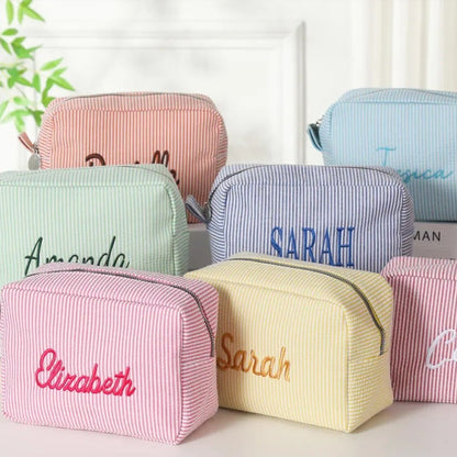 Personalized Embroidered Striped Seersucker Cosmetic Bag