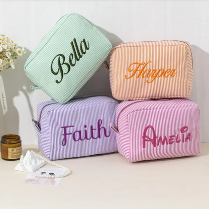 Personalized Embroidered Striped Seersucker Cosmetic Bag