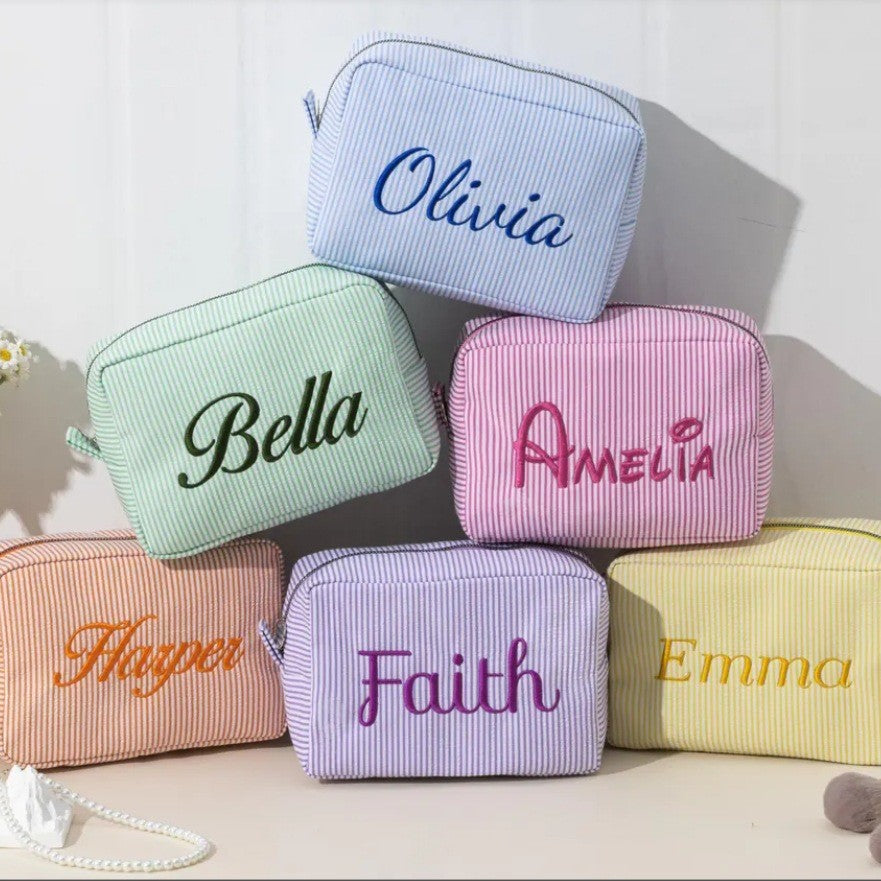 Personalized Embroidered Striped Seersucker Cosmetic Bag