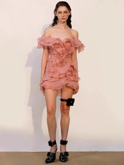 Petal Ruffled Shoulder dress V-Neck Short Skirt