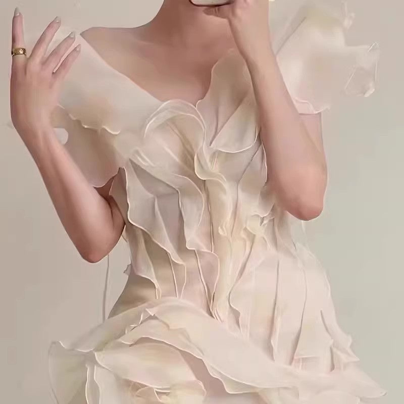 Petal Ruffled Shoulder dress V-Neck Short Skirt