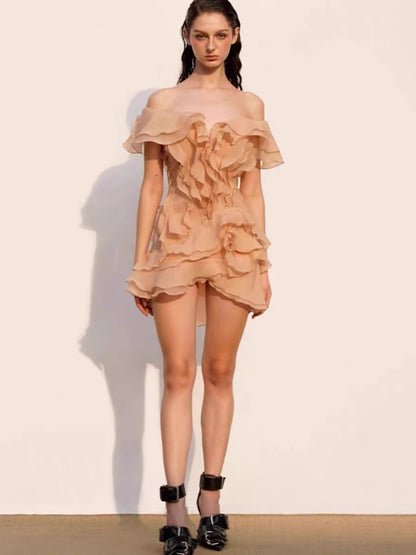 Petal Ruffled Shoulder dress V-Neck Short Skirt