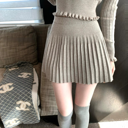 Peter Pan Collar Knit Top and Pleated Skirt Set